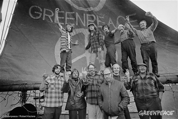 Crew of the Greenpeace, the original voyage to protest nuclear testing in Amchitka, 1971, with the ecology logo on our sail