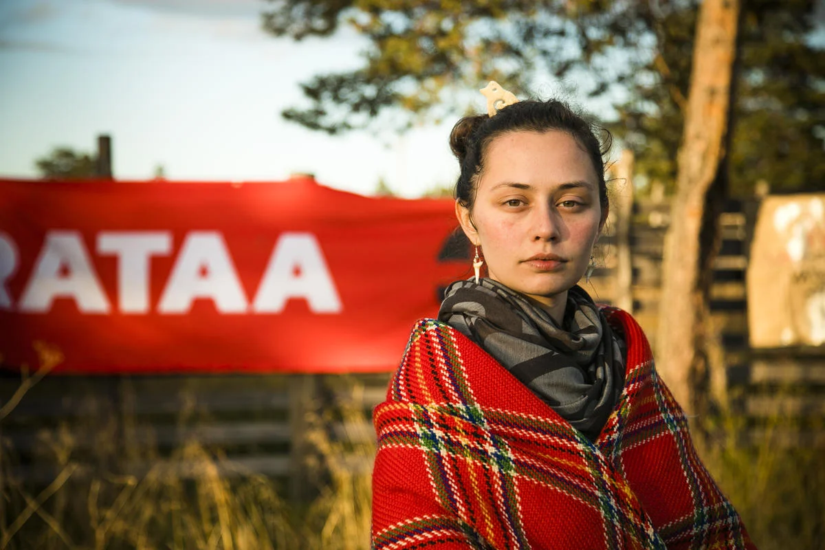 The Indigenous Sámi youth organisation Suoma Sámi Nuorat, Suohpanterror artivist collective and Greenpeace activists join in a demonstration against industrial exploitation of the Great Northern Forest in the Sámi territory in northern Finland early September 2018. © Jonne Sippola / Greenpeace