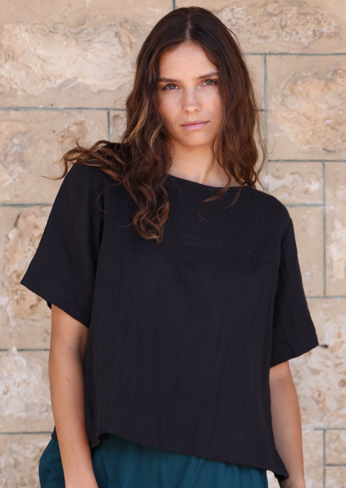 Neesha Double Cotton Top Black short sleeve square cut top with front yoke.jpg