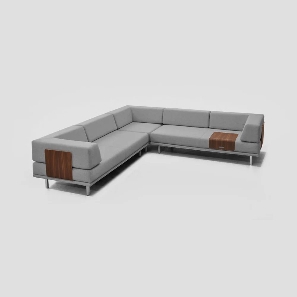 Clip Sofa Client: Fab 2014 Clip is a configurable sofa system. It consists of 5 modular parts that you can use build your own sofa in hundreds of variations. The system features a patent pending removable back support system. The bent plywood back support easily clips in and out of position and can be used for various other functions such as a tray for resting your drink. The same mechanism used for locking the back support in place also serves to connect base units to lock you configurations in place. 