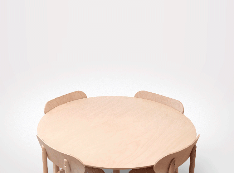 Gather Table Client: Fab 2014 Rooted in the easy minimalism of classic Scandinavian design, the Gather Table designed with the lightest of decorative elements. It is consists of four identical L-shaped legsthat link together to create the base and support for the tabletop. Its assembly is an exercise in simplicity: Pair it with several of the Gather Chairs, which fit perfectly against its curved edge, creating a seamless and streamlined silhouette. 