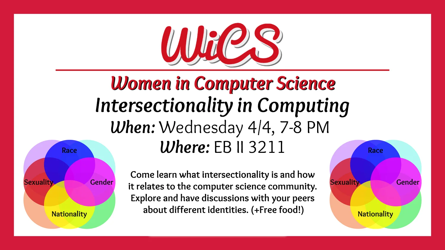 Come learn what intersectionality is and how it relates to the computer science community. Explore and have discussions with your peers about different identities. (+Free food!)