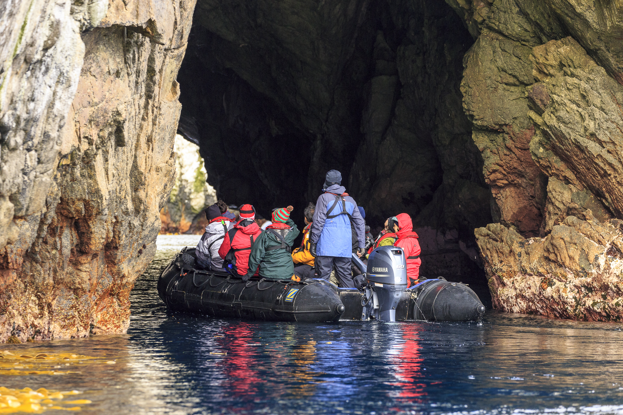 Zodiac cruising sea caves on The Snares 