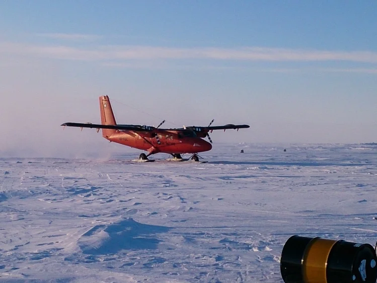 British Antarctic Survey Twin Otter landing at one of the four sea ice camps.
