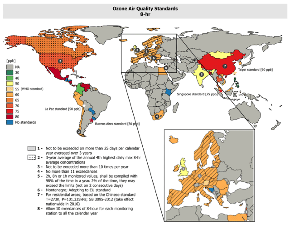 Map of ozone air quality standards (ppb) set for the protection of human health. See TOAR Special Feature article by Fleming and Dougherty et al., 2018: https://doi.org/10.1525/elementa.273.f1