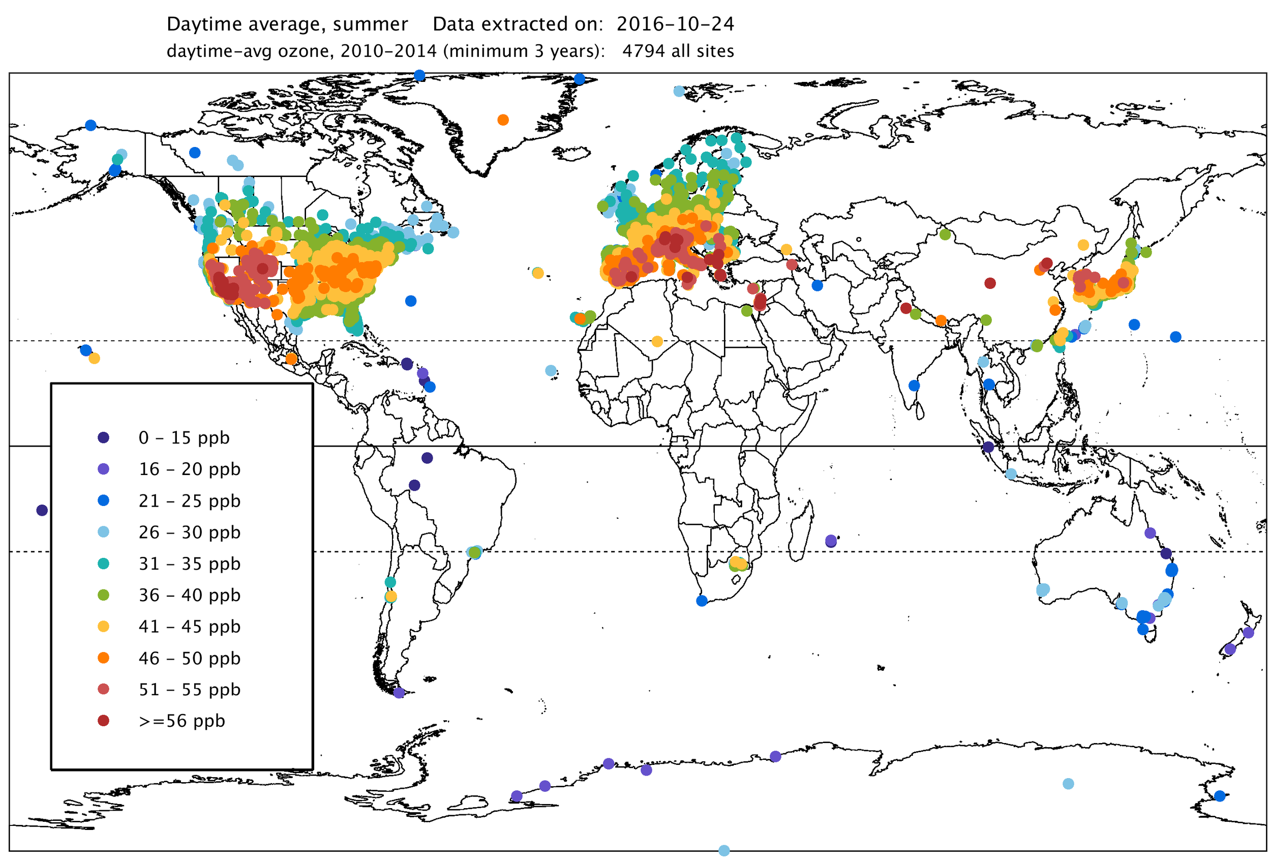 Daytime (8:00 – 20:00 local time) average ozone at 4794 global surface sites (all available) during summertime conditions (April-September in the Northern Hemisphere, and October-March in the Southern Hemisphere) for the present-day period, 2010-2014.