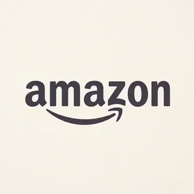 Amazon logo in black on a peach colored background.