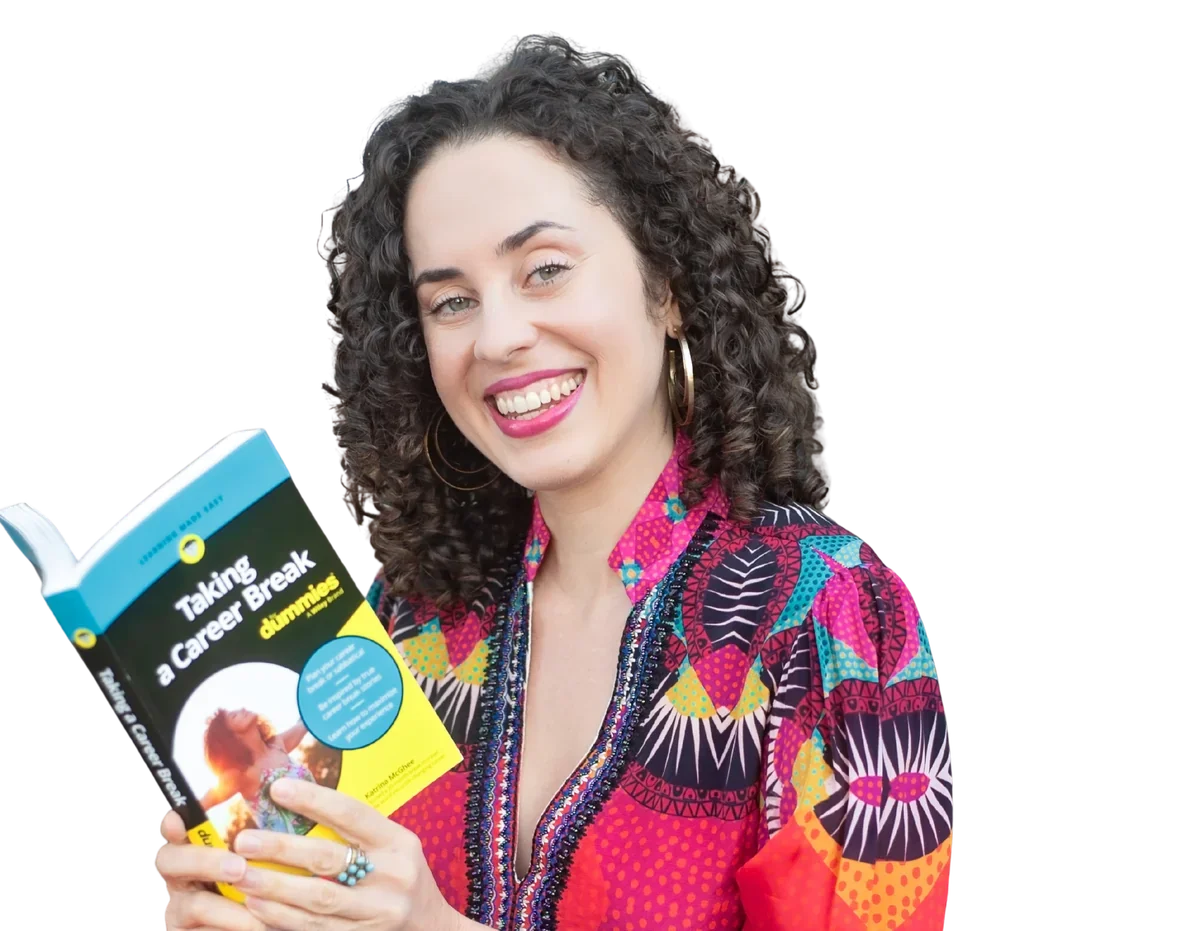 Katrina McGhee career break coach laughing while holding Taking a Career Break For Dummies book, colorful print top, transparent background cutout