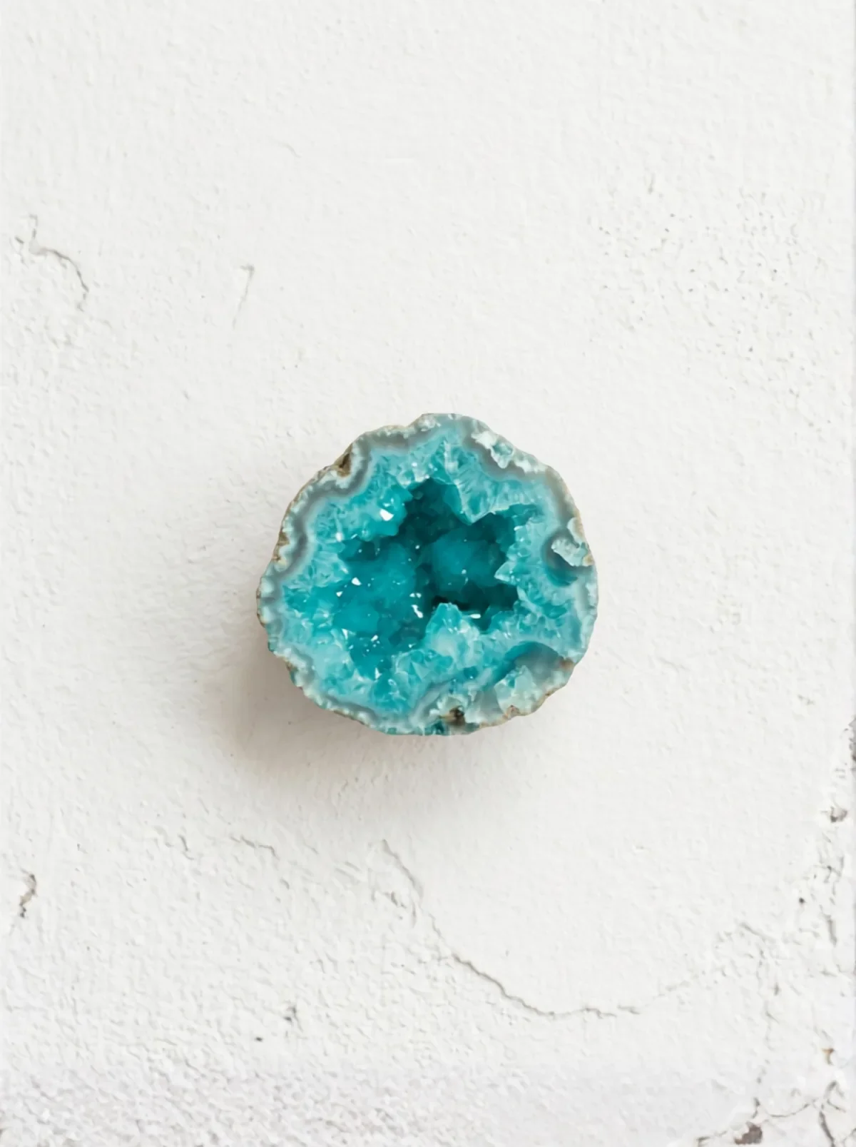 Teal geode crystal with sparkling interior on a white textured wall, symbolizing hidden potential and career break discovery