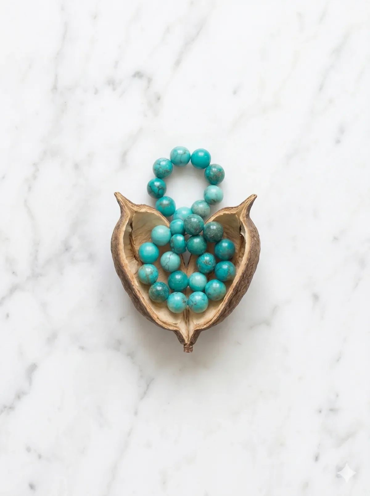 Turquoise bead bracelet nestled in a walnut shell on a marble surface, evoking travel and intentional living on a career break