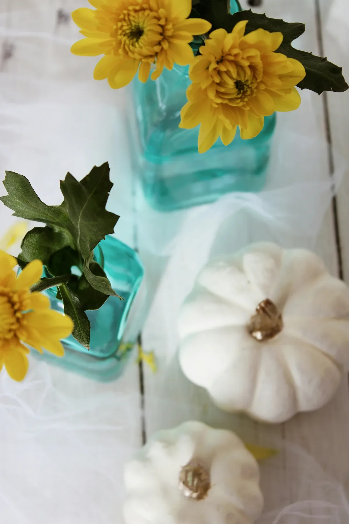 Yellow chrysanthemum flowers in teal glass vases with white mini pumpkins on a white surface, a vibrant seasonal detail for coaching content