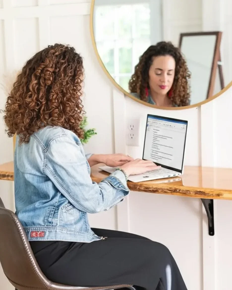 Career break coach Katrina McGhee working on laptop at wooden desk, reflection visible in round gold mirror on white paneled wall