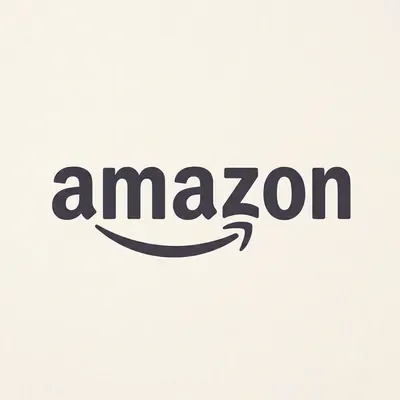 Amazon logo in black on a peach colored background.