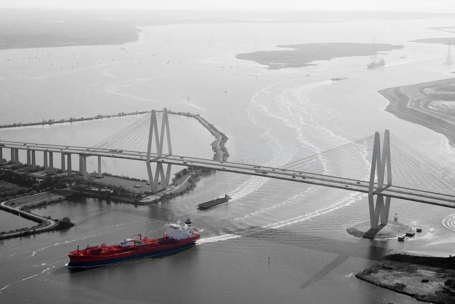 Tanker Crossing Under Fred Hartman Bridge, Houston, Texas - Ocean Vessel Aerial Photographer - Sea Vessel Aerial Drone Image - Large Ship Aerial Photography and Video - TX