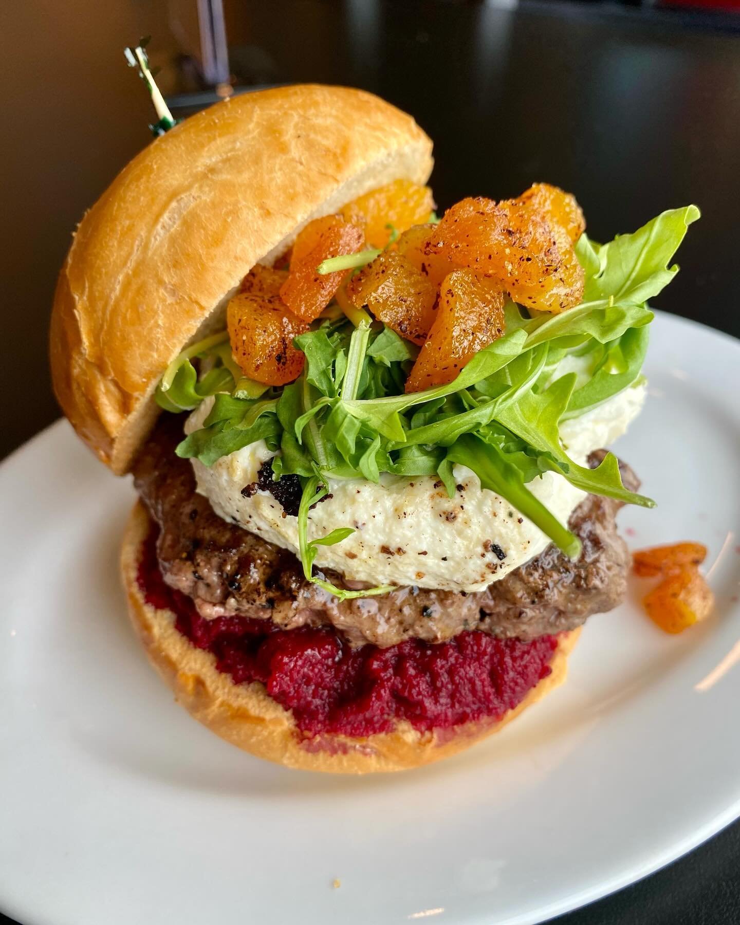 Littleton on Santa Fe Burger of The Month! The UnBEETable Spring Burger - our signature elk-beef blend party on toasted brioche with roasted beet pur&eacute;e, lemony ricotta, arugula, &amp; candied-spiced apricots! 
Only available at our Littleton l