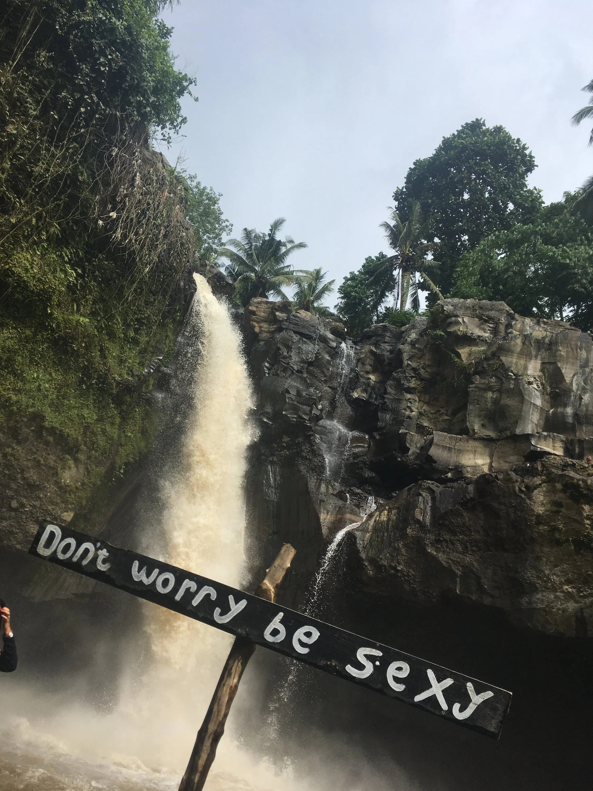 Waterfall surrounded by lush greenery with a sign reading "Don't worry be sexy."