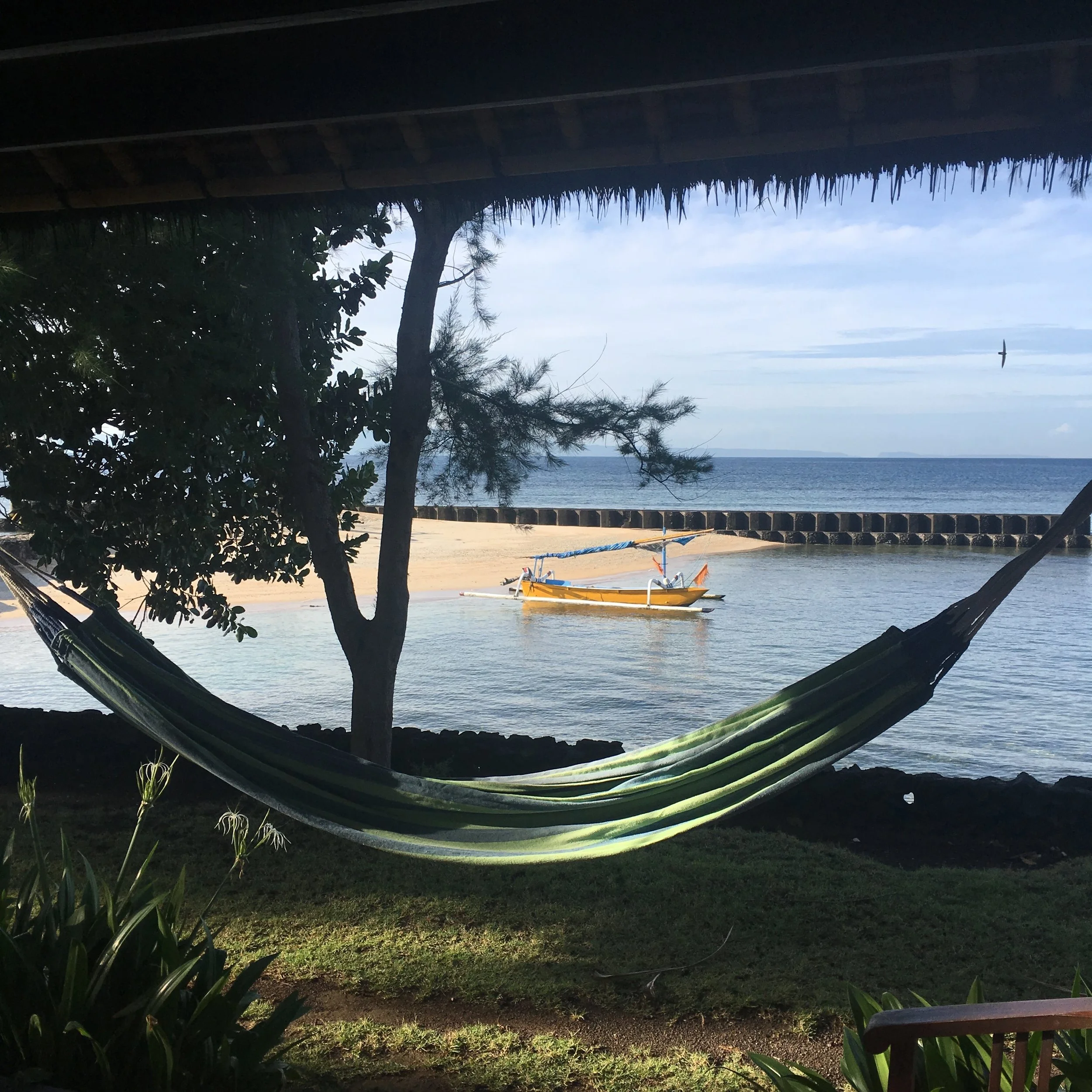 A green hammock hanging under a tree with a view of a beach, ocean, and a yellow boat.