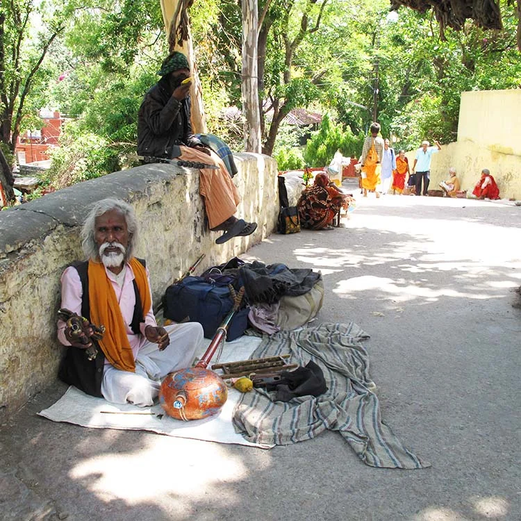 Street musician with traditional Indian instruments sits by a wall. Passersby walk in the background, surrounded by greenery.