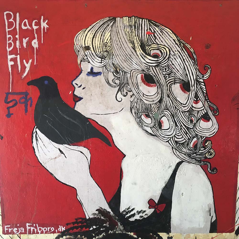 Street art mural depicting a woman with intricate hair design holding a black bird against a red background. Text reads 'Black Bird Fly.'