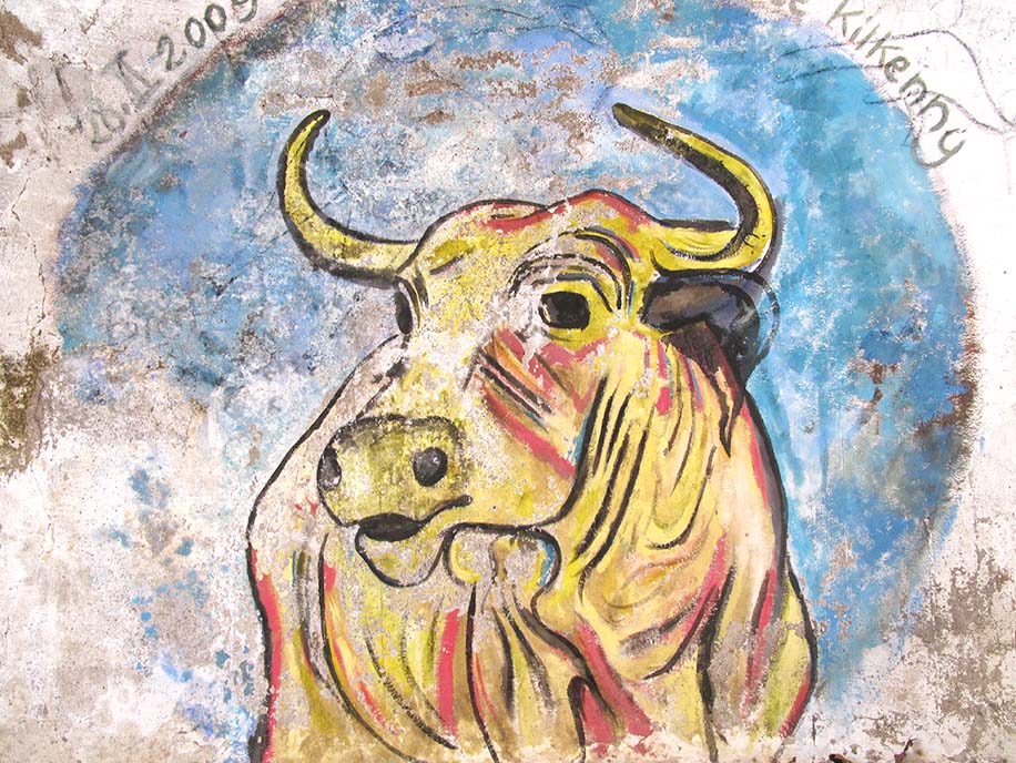 Colorful mural of a bull with horns on a weathered wall with a blue background and artistic text. Dated 2009.