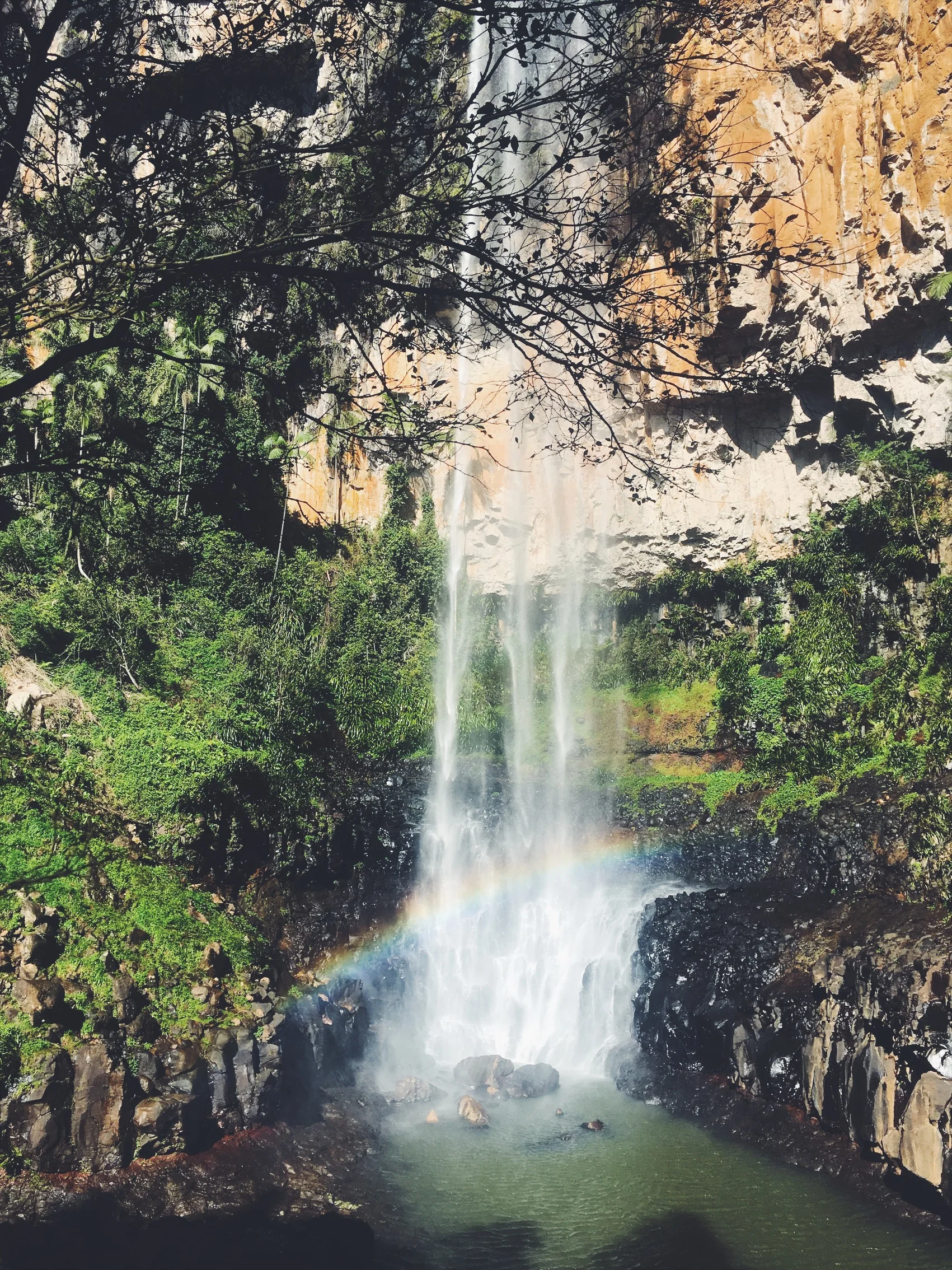 Tall waterfall cascading into a rocky pool surrounded by lush vegetation, with a rainbow visible near the base of the falls.