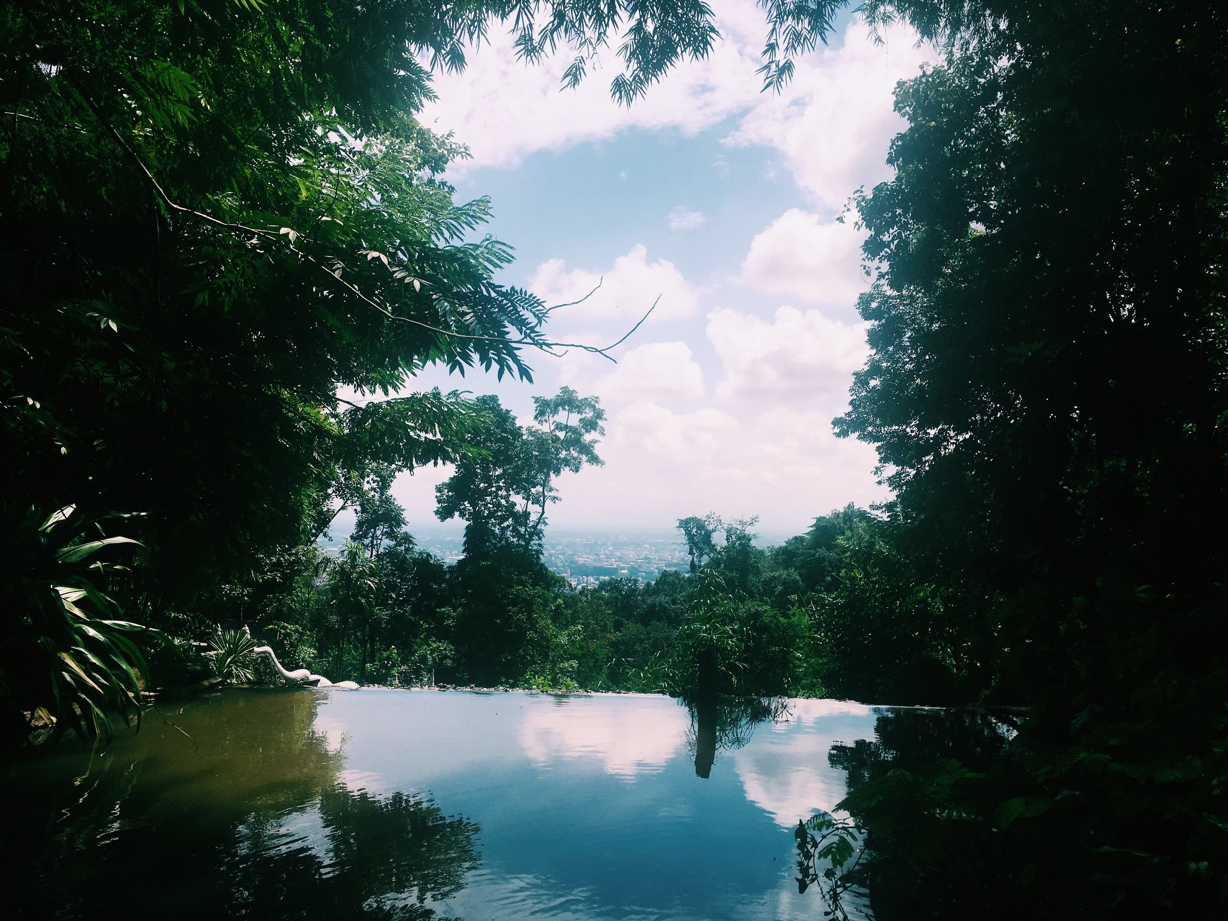 Infinity pool overlooking a lush tropical forest with a city view in the distance, under a blue sky with clouds.