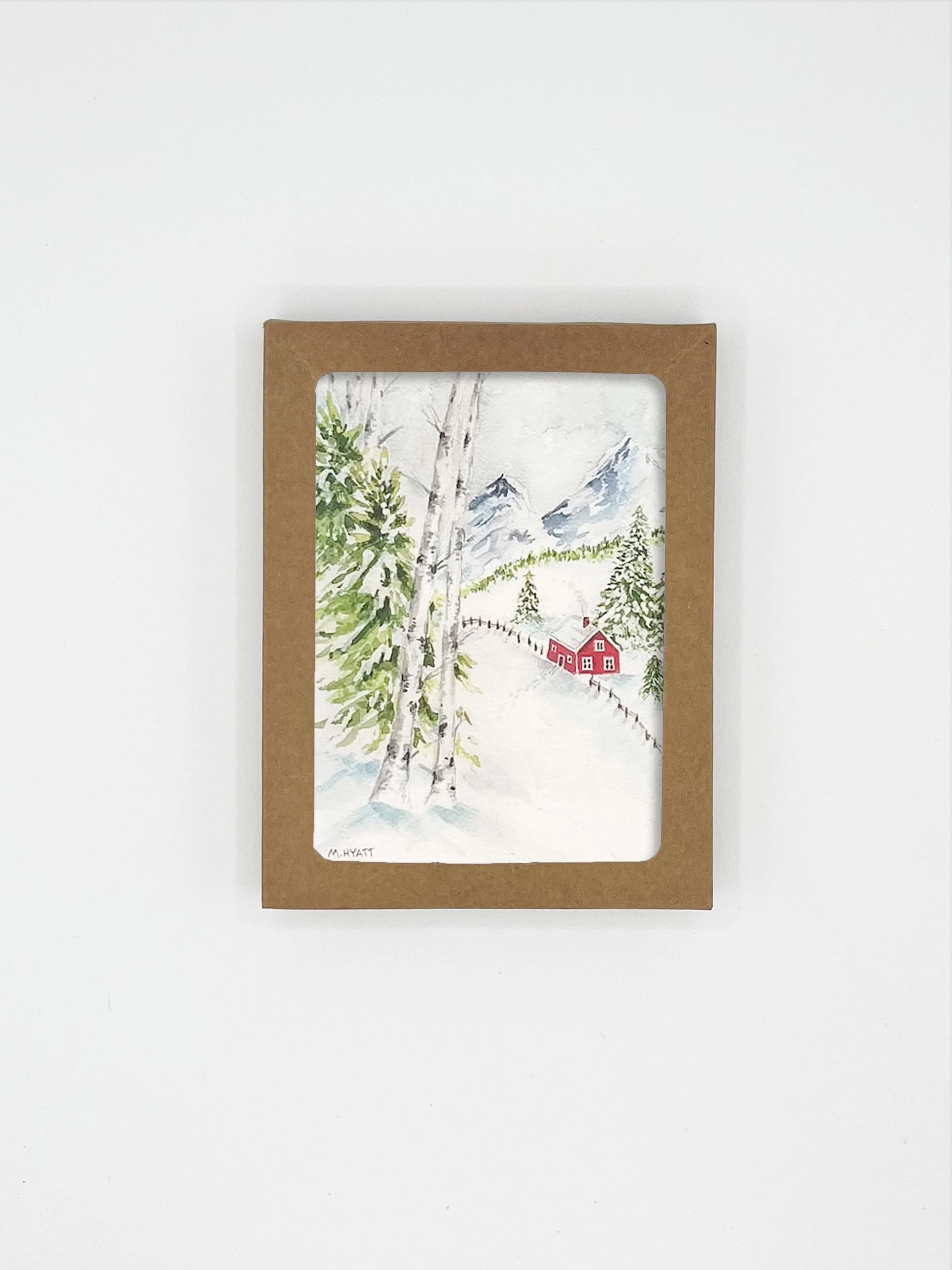 Cozy Cabin Boxed Set of 6 — Winter Mountain Scene Watercolor Holiday Card