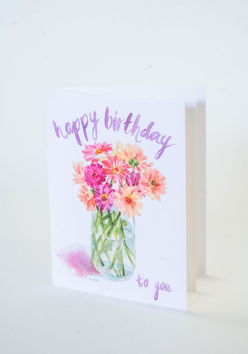 "Zinnia Happy Birthday" watercolor jar of zinnias birthday card