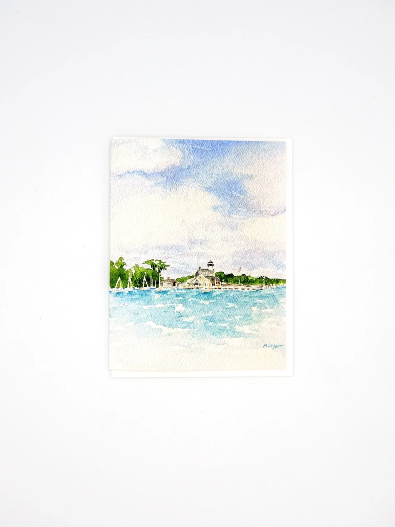 "Morgan Point Lighthouse" coastal watercolor nautical greeting card