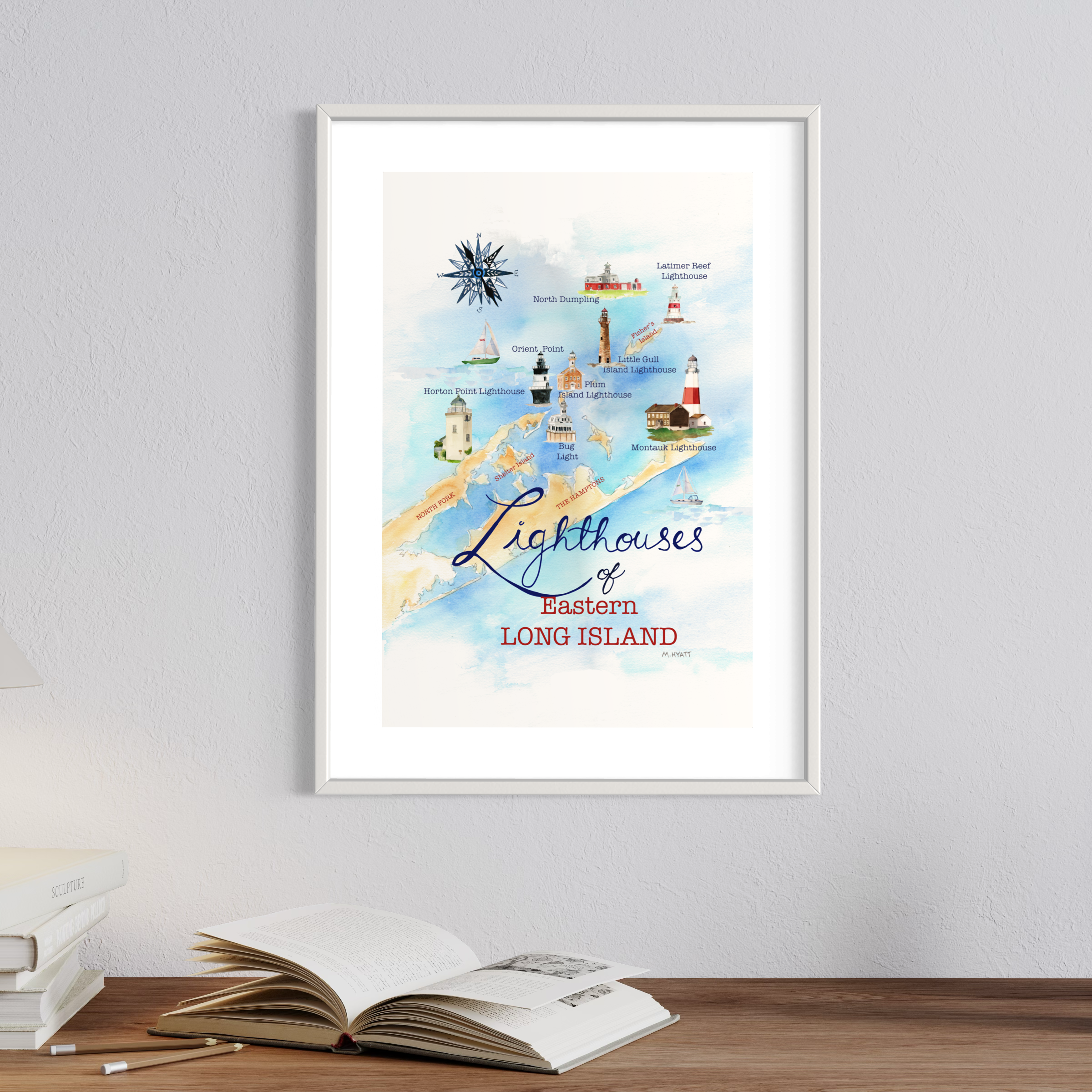Long Island Lighthouse Map Art Print