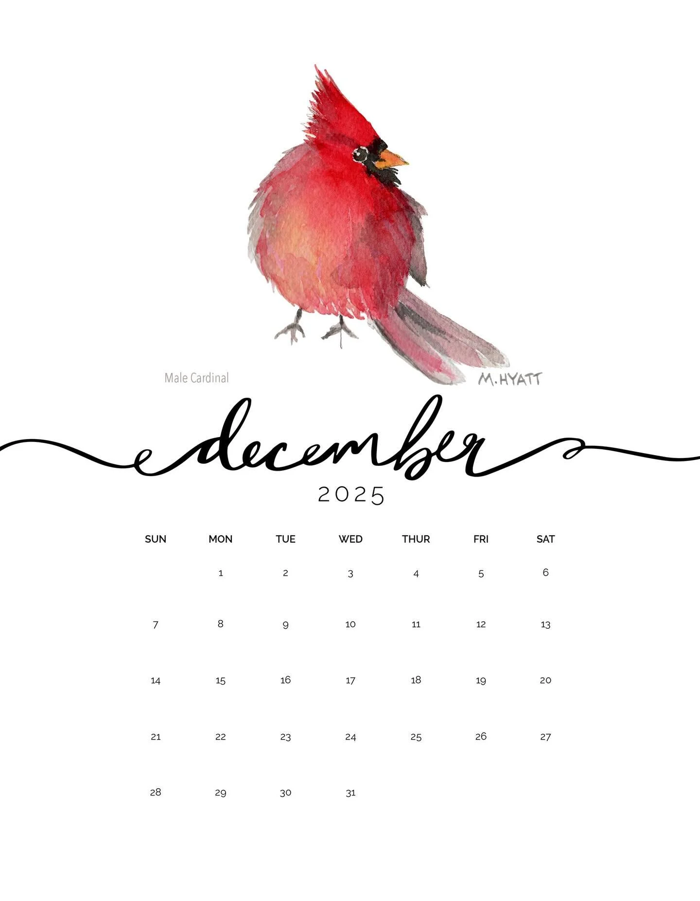 Hi December!! Don&rsquo;t forget to turn the page. New month, new bird and this one is my favorite. Red Cardinals reminds me of my Dad. Whenever I see a red cardinal I say Hi Dad, I know he&rsquo;s come to visit. Enjoy the month and this festive seas