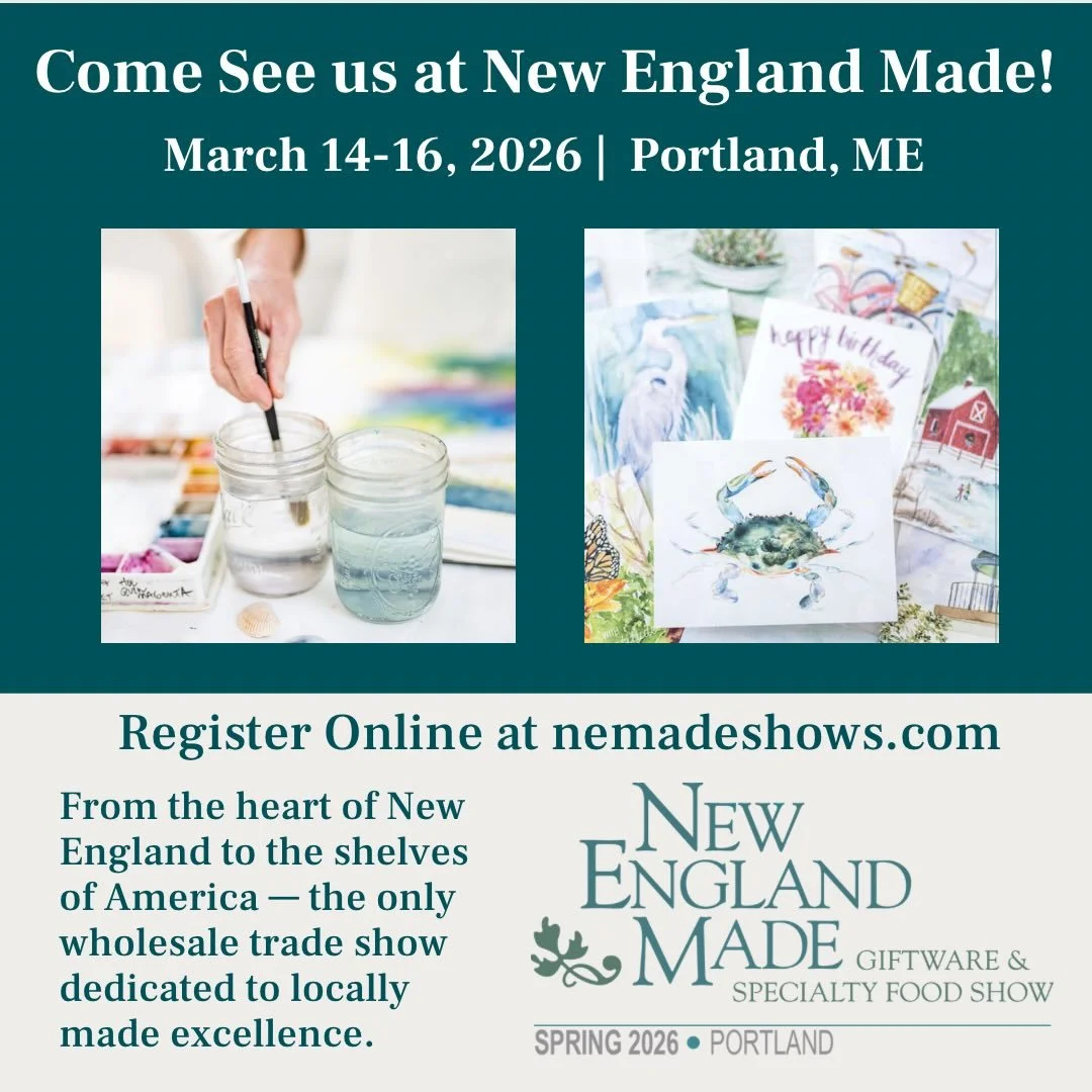 @nemadeshows starts on 3/14 in Portland ME, one of our fave foodie destinations. We will be in booth 142 swing by!! #wholesalestationery #coastalcharm #watercolorist