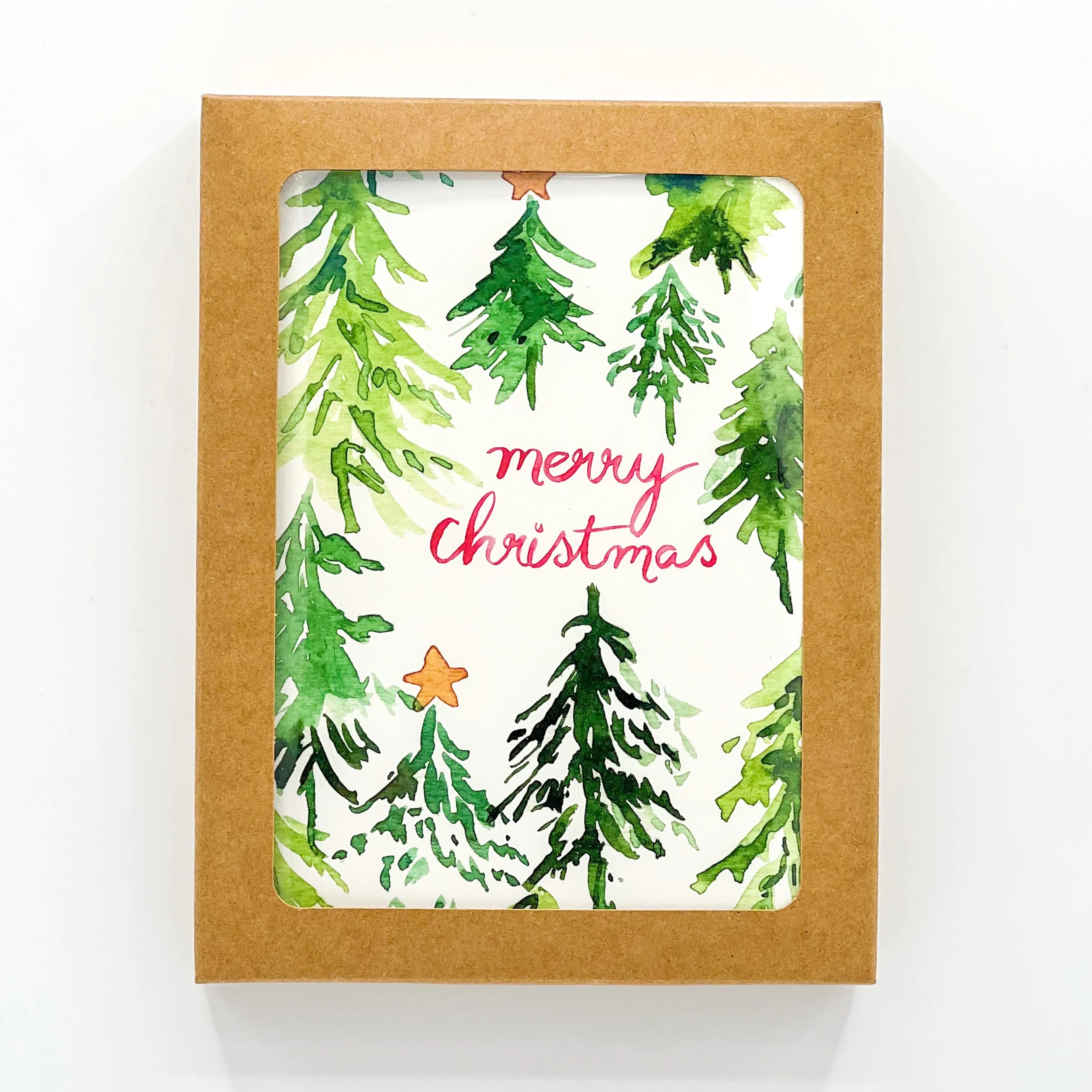 Trees and Stars Boxed Set of 6 — Watercolor Winter Christmas Tree Card