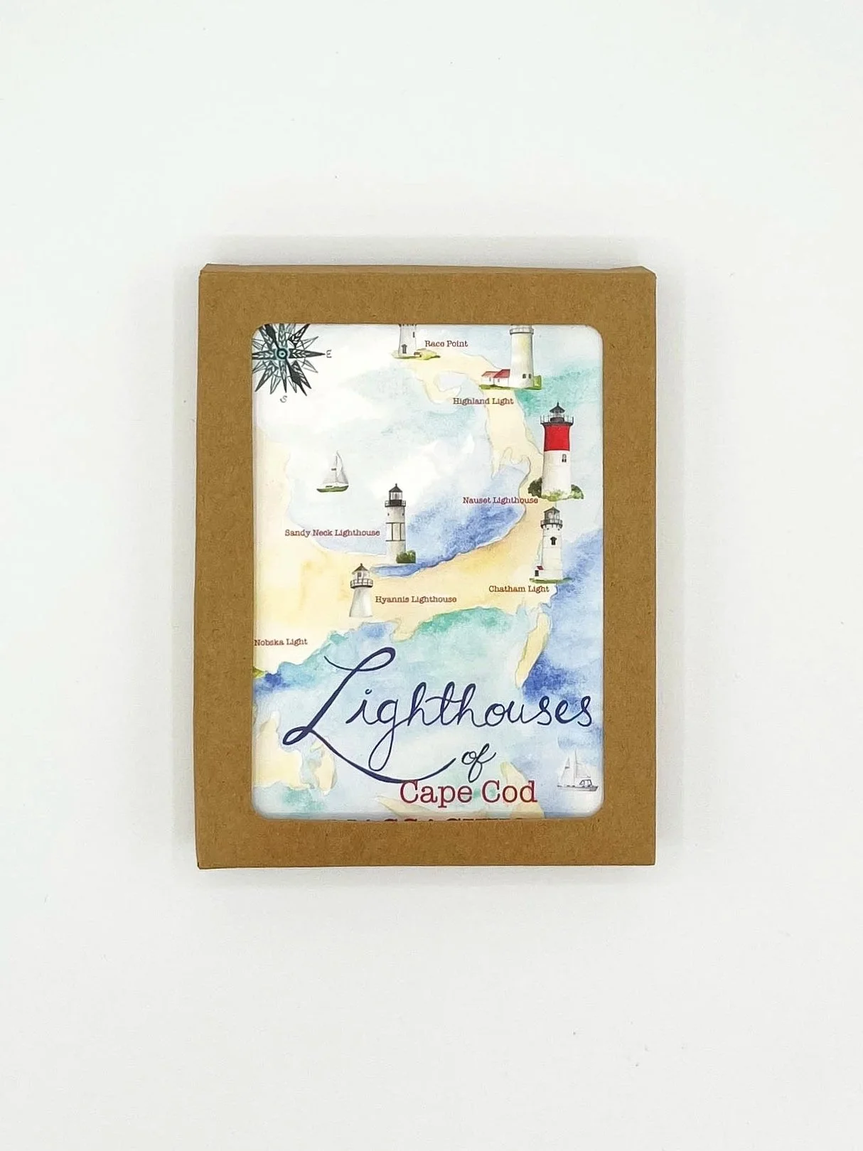 Cape Cod Lighthouse Map Boxed Set of 6 — Lighthouse Coastal Watercolor Card