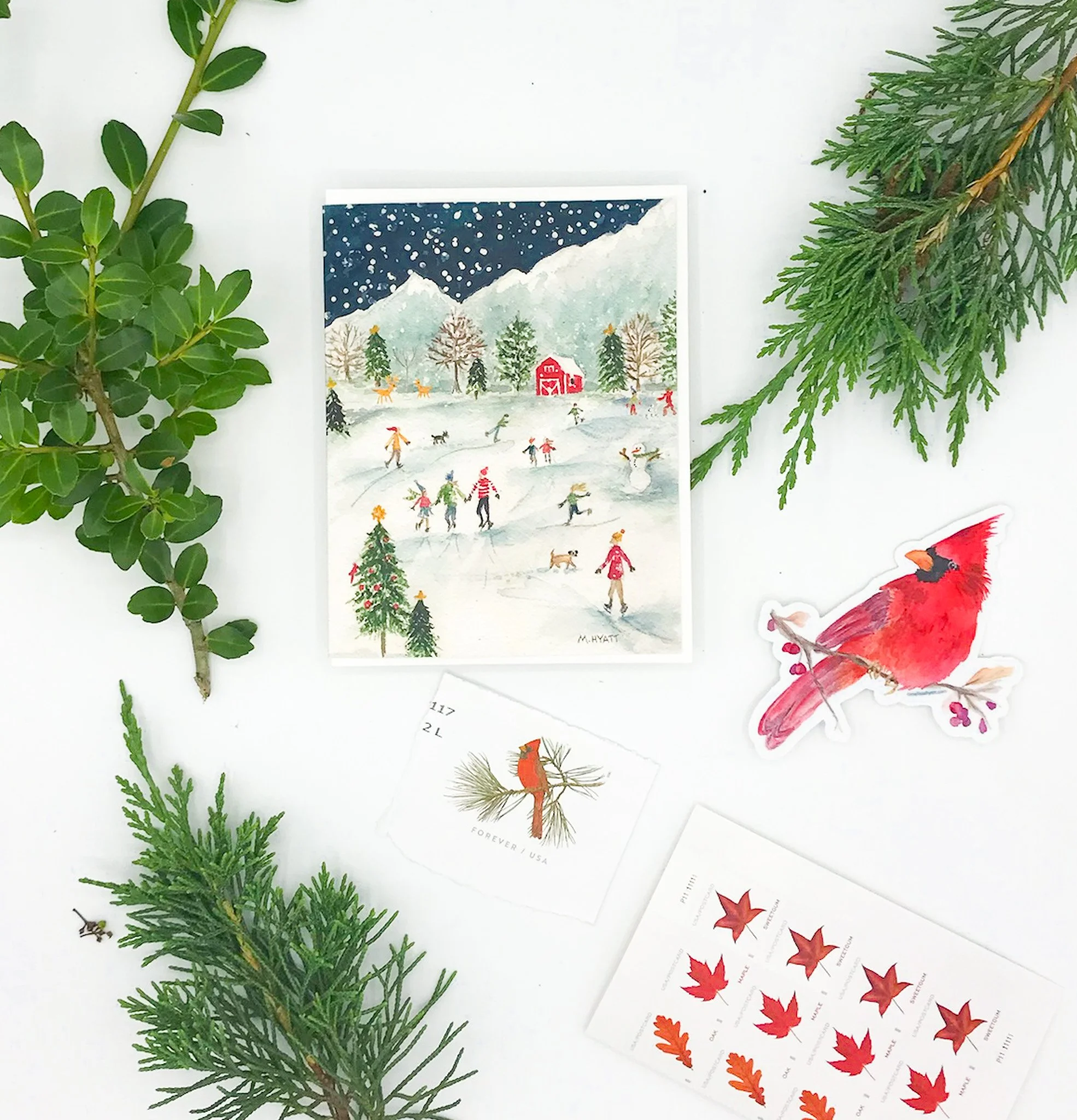 Twilight Skating — New England Christmas Watercolor Card
