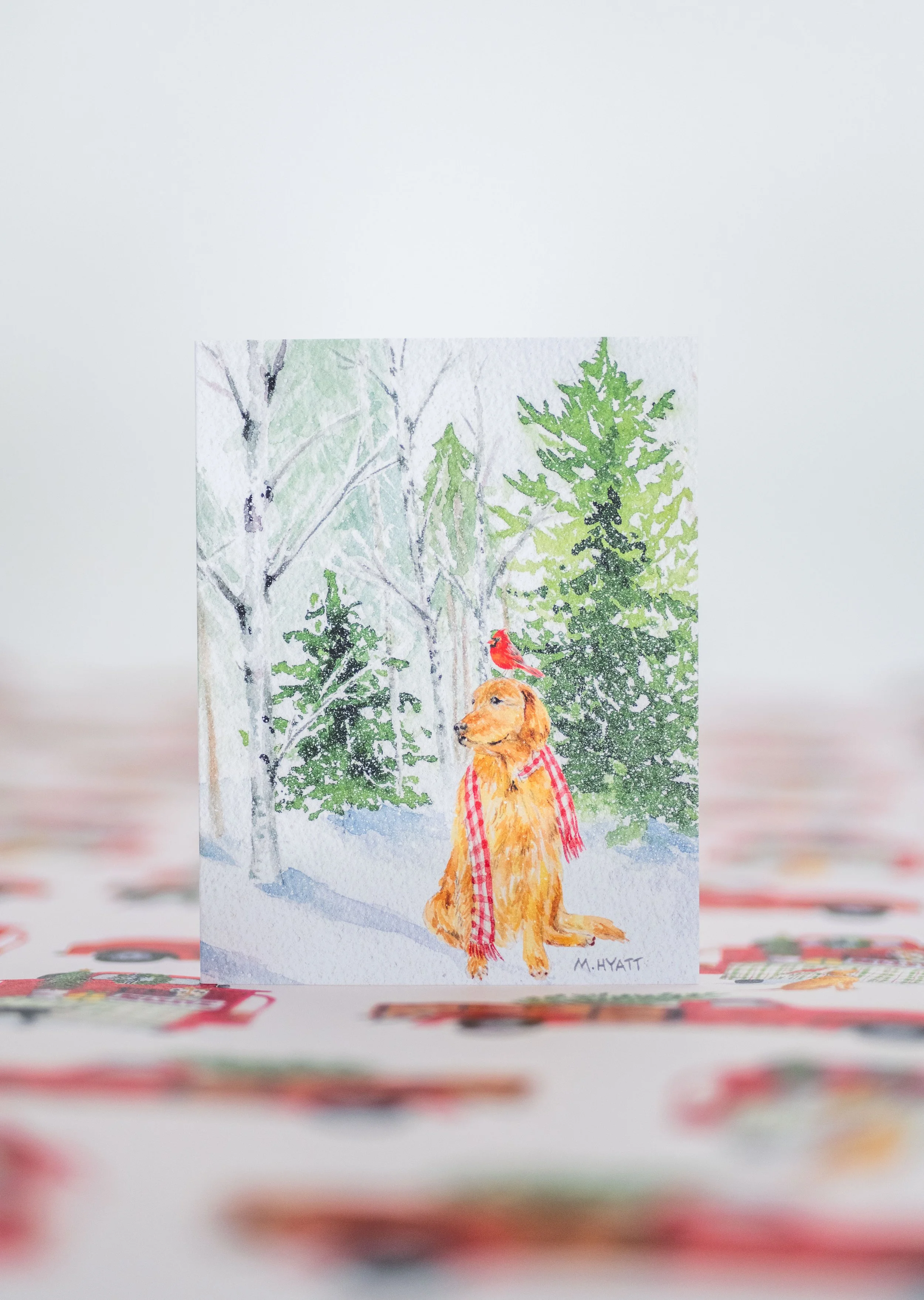 April in the Forest — Golden Retriever Dog Watercolor A2 Holiday Card