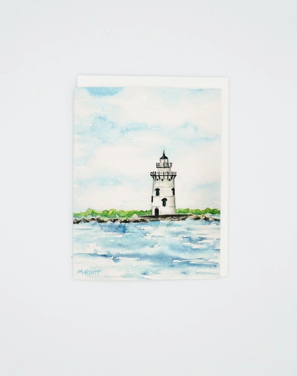 "Saybrook Breakwater Light" watercolor nautical greeting coastal card