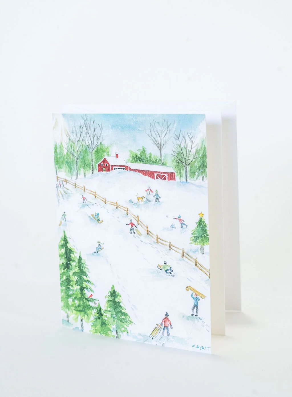Sledding — Watercolor Winter Holiday A2 Greeting Card