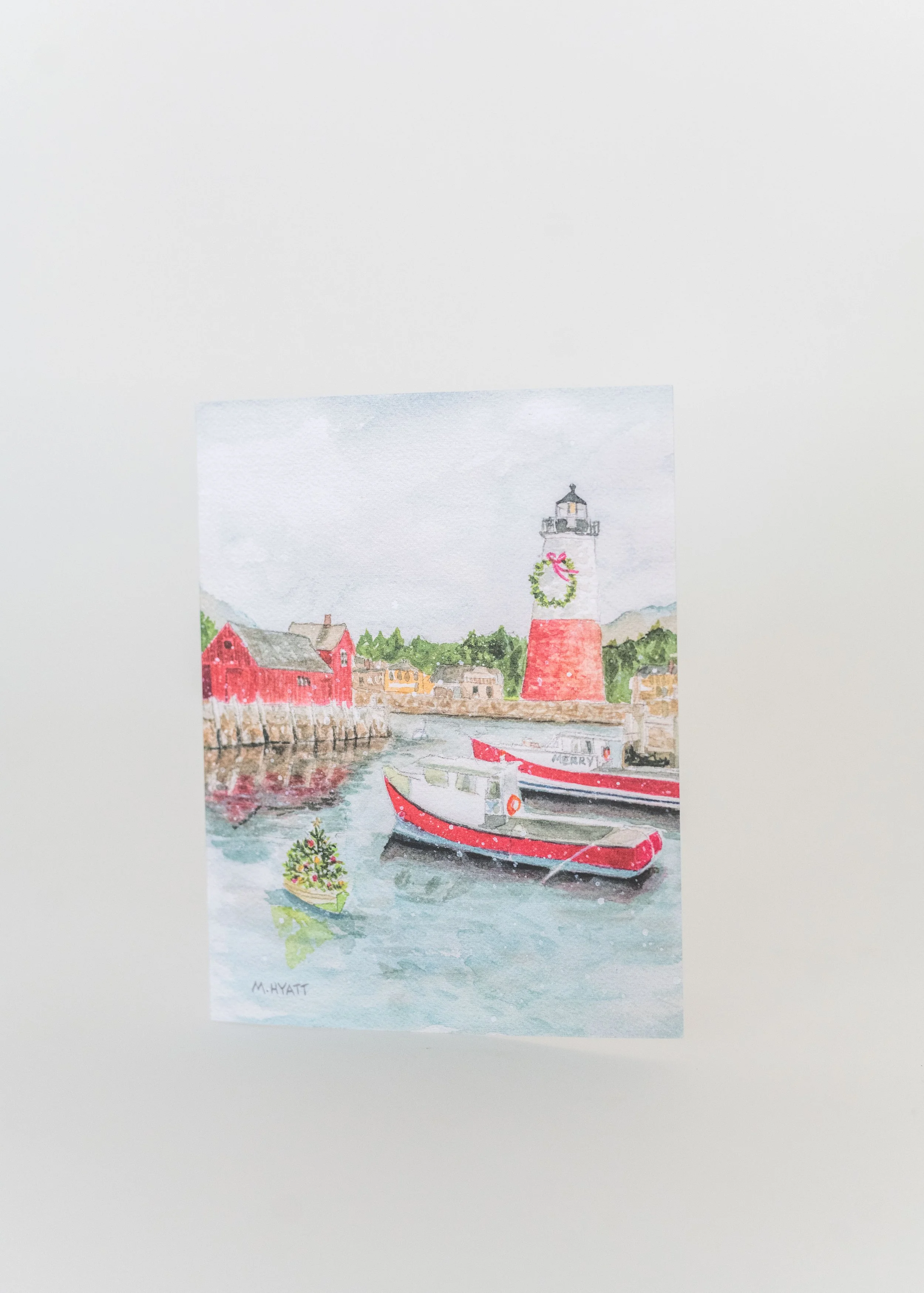 Christmas Harbor — Coastal New England Watercolor A2 Greeting Card