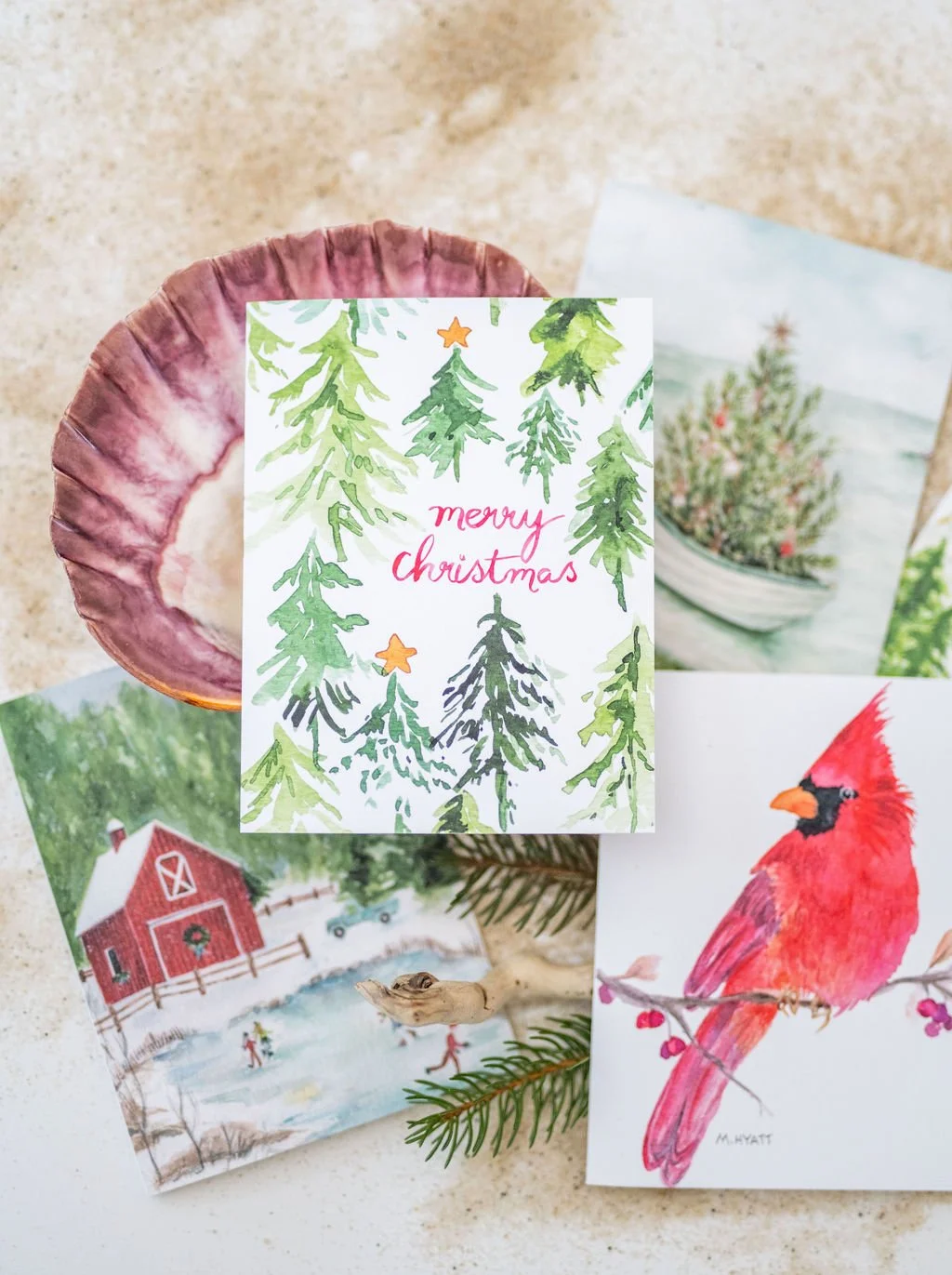 Trees and Stars — Christmas Watercolor Winter Holiday A2 Card