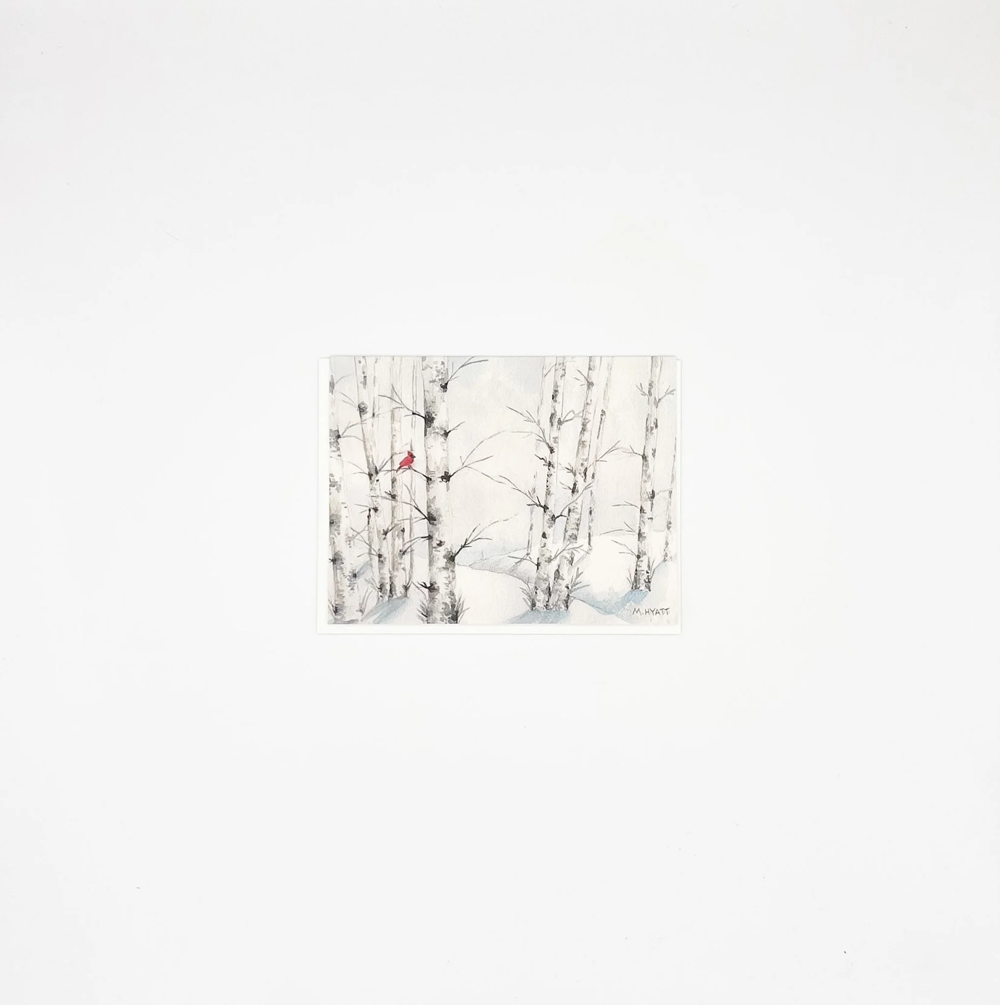 Birch and Bird — Winter Red Cardinal Watercolor Holiday Card A2