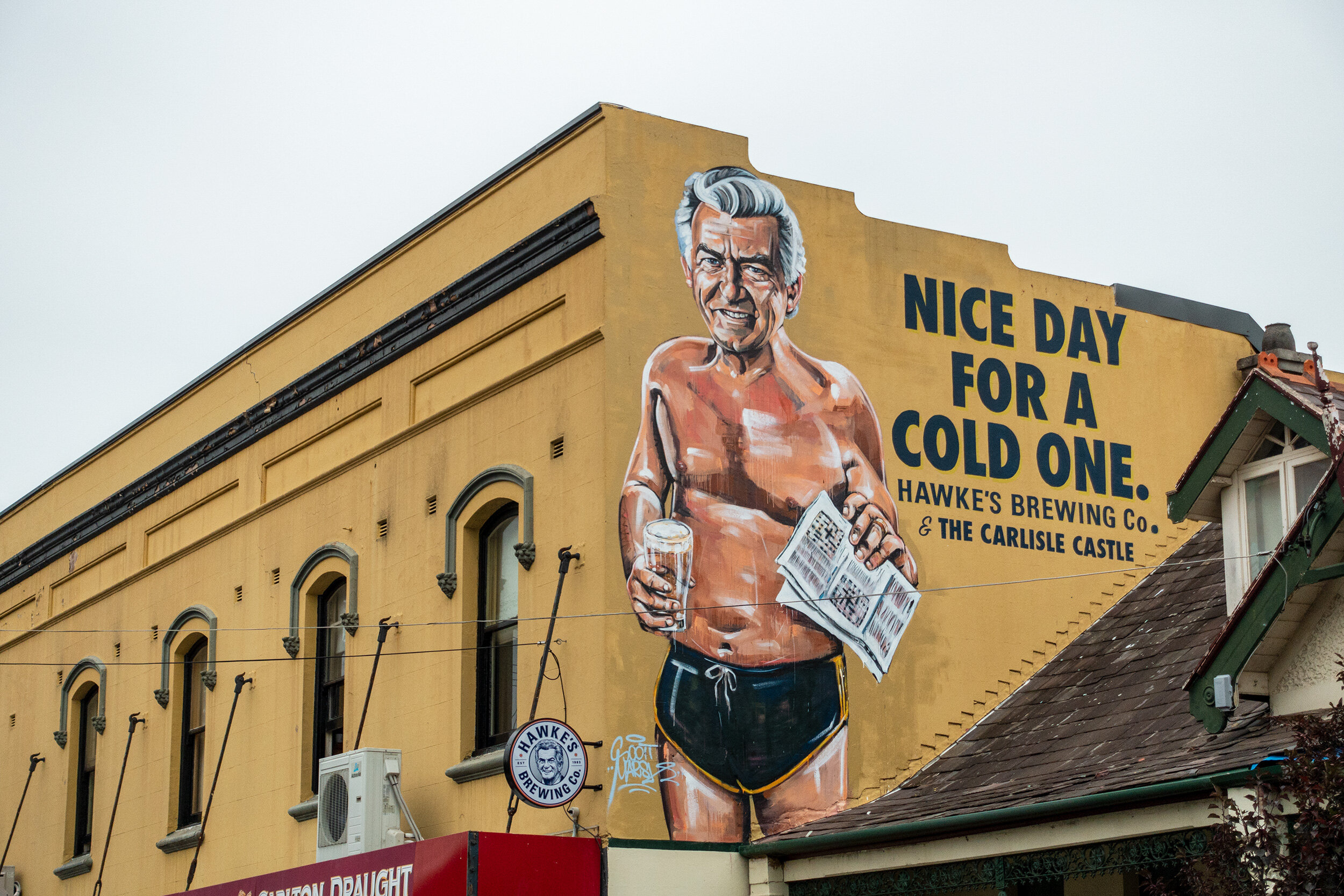 Albermarle Street, Newtown 2020. Hawkey larger than life by Scott Marsh.