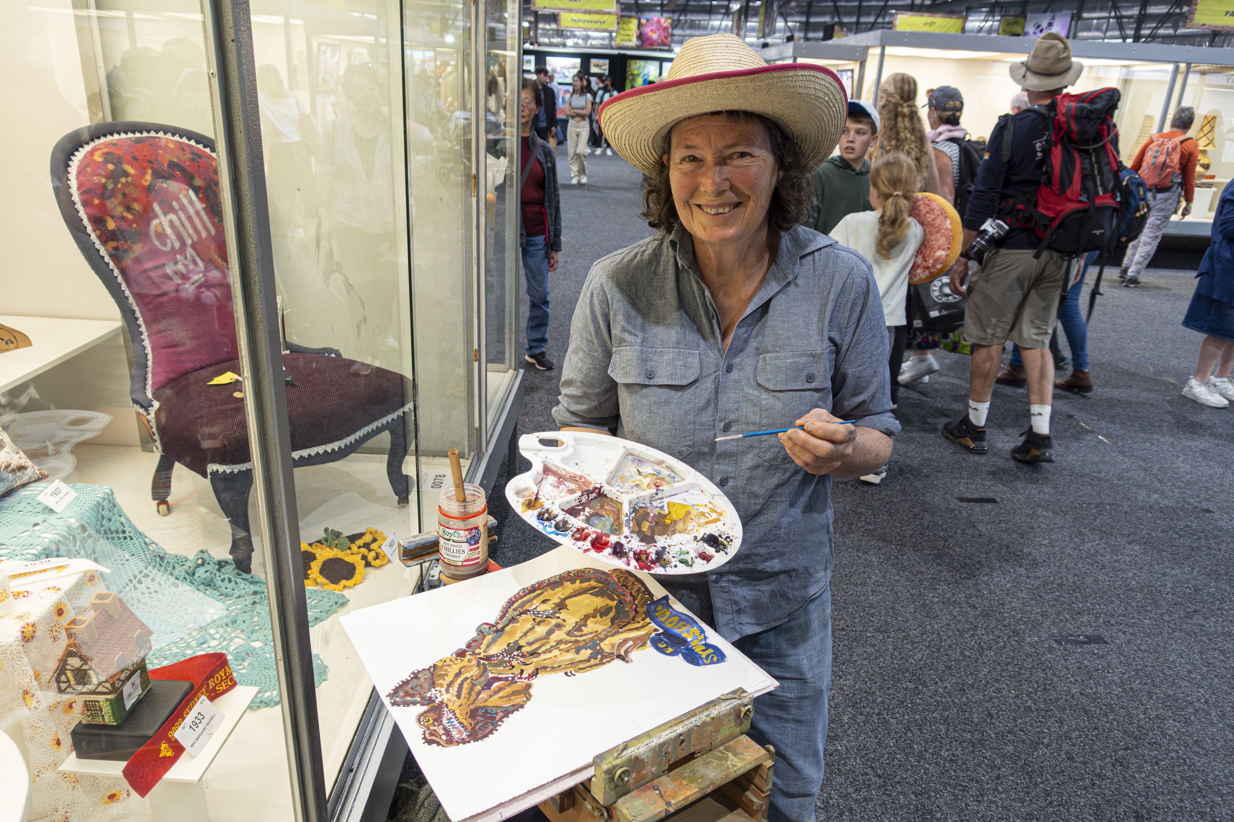 Lucy Culliton, artist, at the Sydney Royal Easter Show as Official Artist, 2023. Photo: Michael Mangold, Sony DSC-RX100M3. 