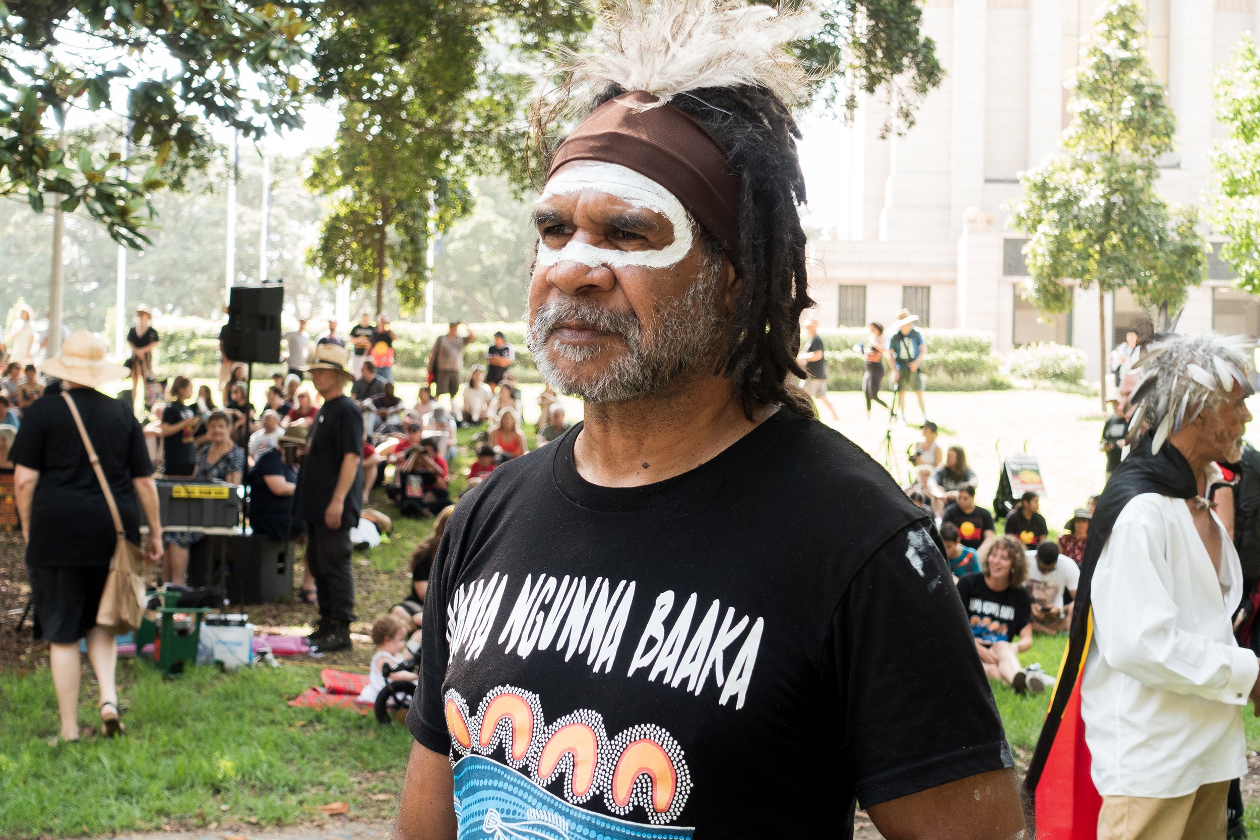 Uncle Bruce Shillingsworth, artist and activist, Invasion Day, Hyde Park, Sydney 2020. Photo: Michael Mangold, Sony DSC-RX100M3.