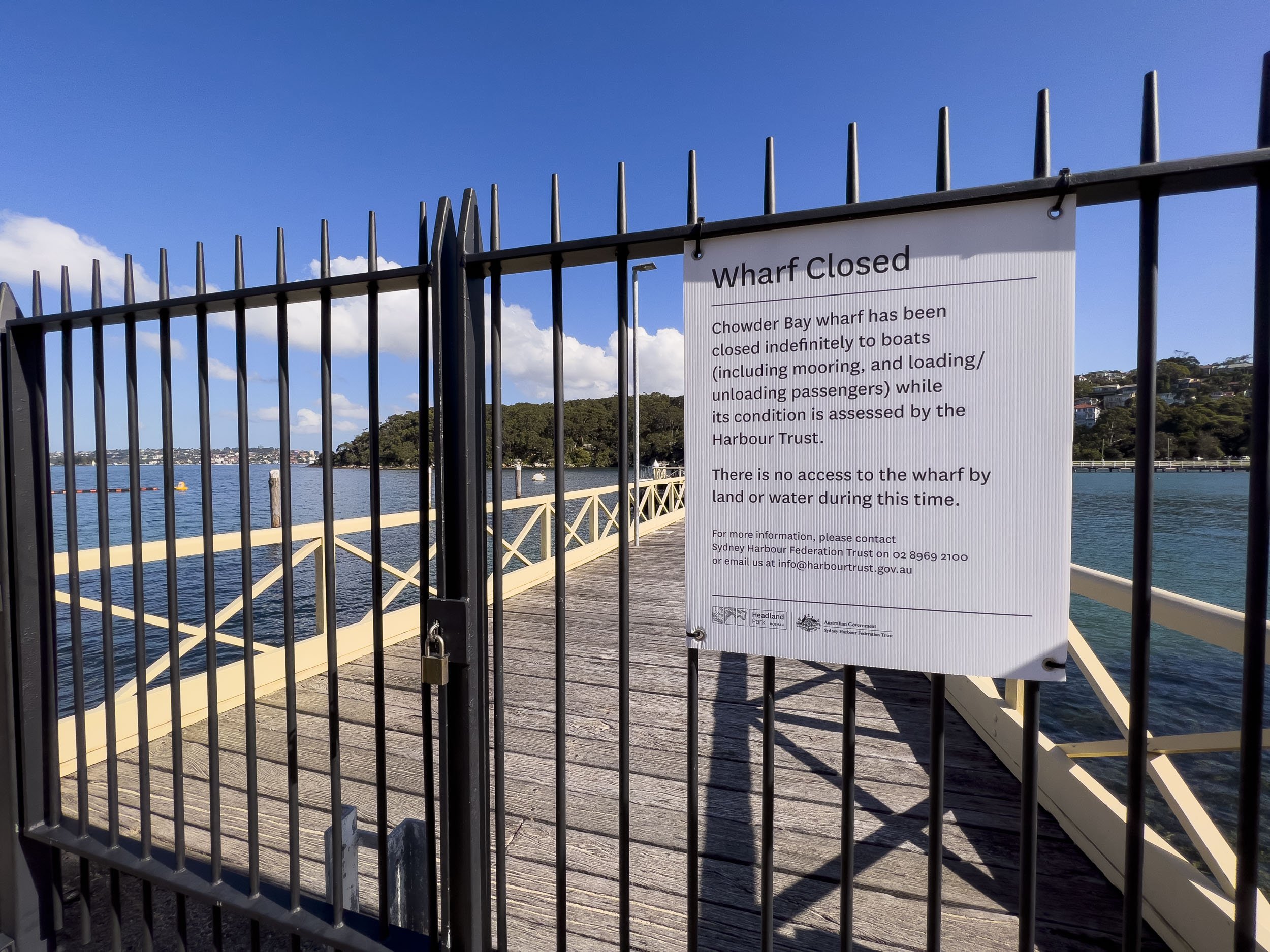The continued closure of Chowder Bay Wharf isolates Middle Head from Sydney Harbour and the public.