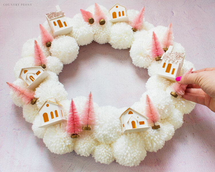 DIY Christmas Village Pom-Pom Wreath with Clover's Pom-Pom Maker - Country Peony Blog