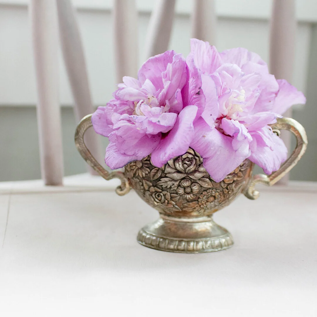 This sugar set is one of my favorite estate sale finds, because I love the stunning details and the petite size that is perfect for windowsill flowers that my daughter picks for me.