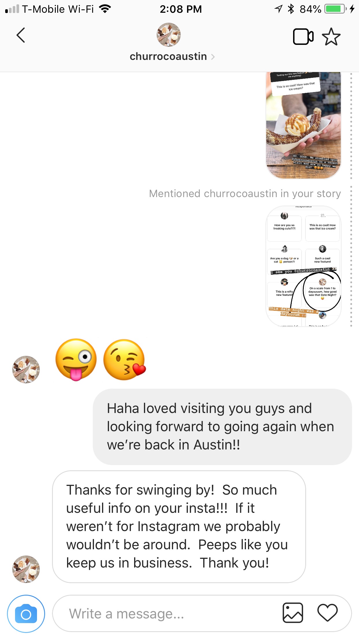 Here's what happened when I shared about my experience at Churro Co. in Austin on Instagram Stories...