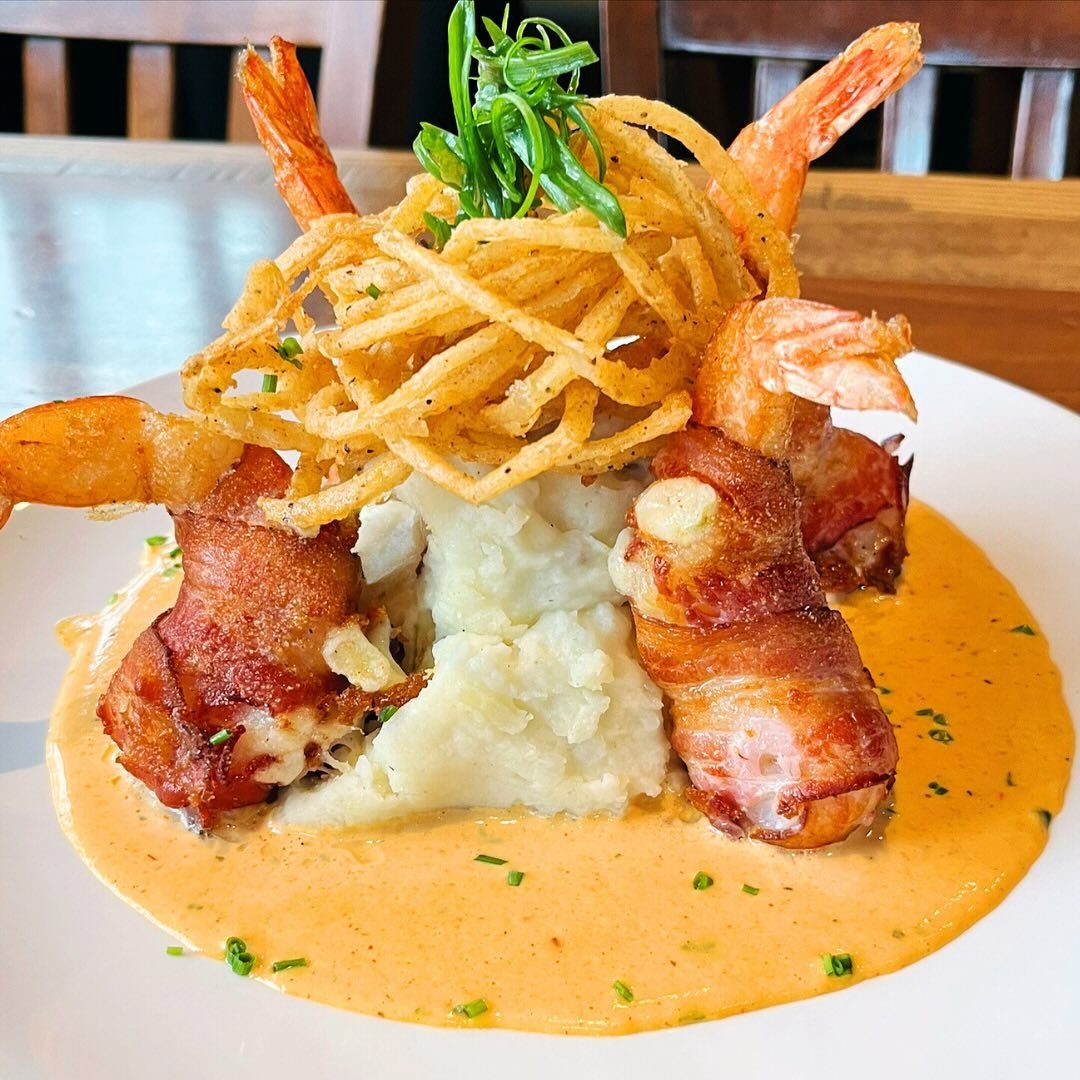 Core menu highlight! Our Jumbo Stuffed Prawns are bacon-wrapped and stuffed with pepper jack cheese. Served with our buttermilk mashed potatoes, crispy fried onions, and a mouthwatering adobe cream sauce it&rsquo;s a must try from our core menu! ⁠
⁠
