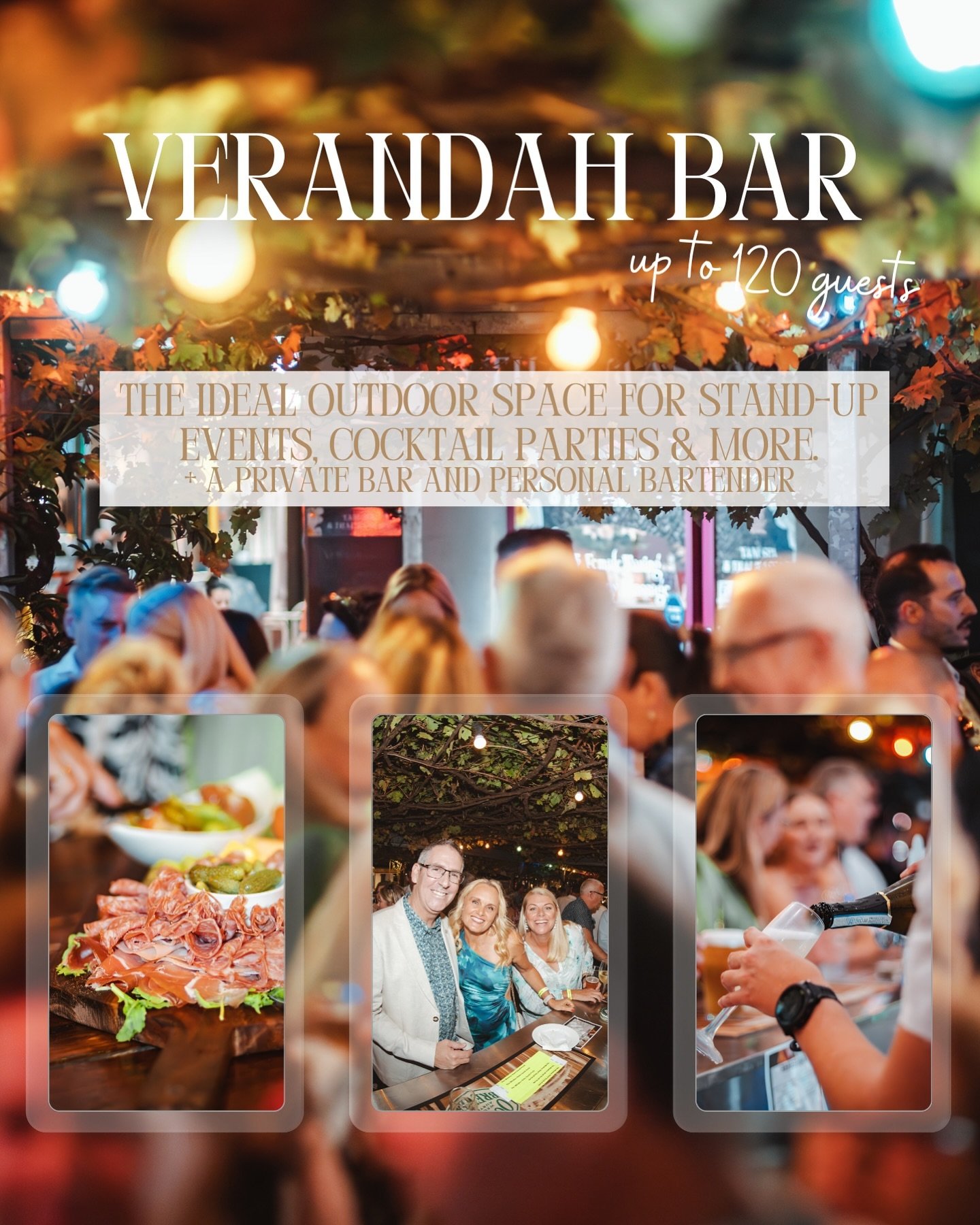 Have an event coming up and want to celebrate in this beautiful Autumn weather!? ✨ 

Look no further because our Verandah Bar is an idyllic spot for a cocktail party, stand up event or get together for up to 120 guests.

Nestled under the canopy of v